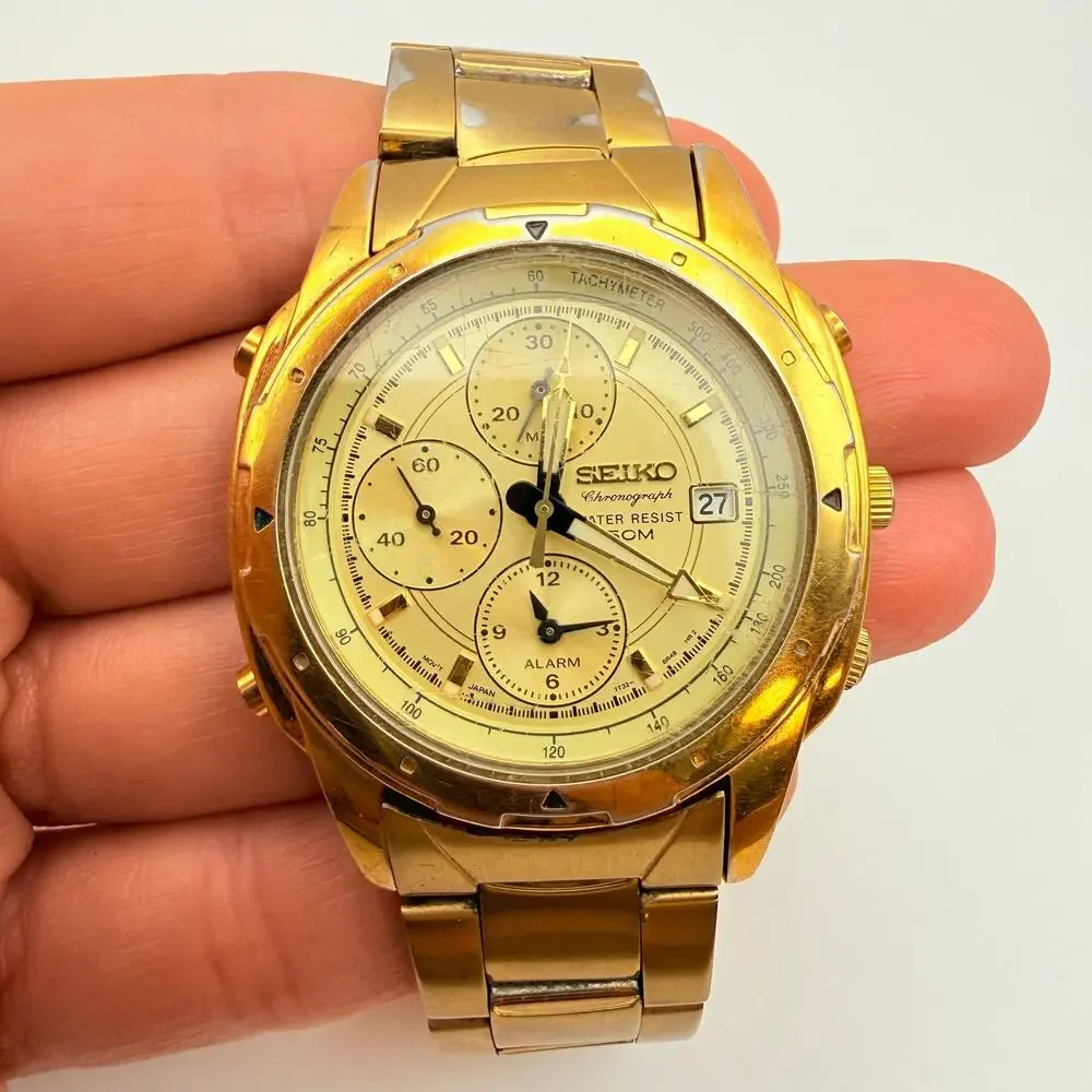 Vtg 1990's Seiko Chronograph Watch 7T32-6M59 Gold Tone New Battery Works